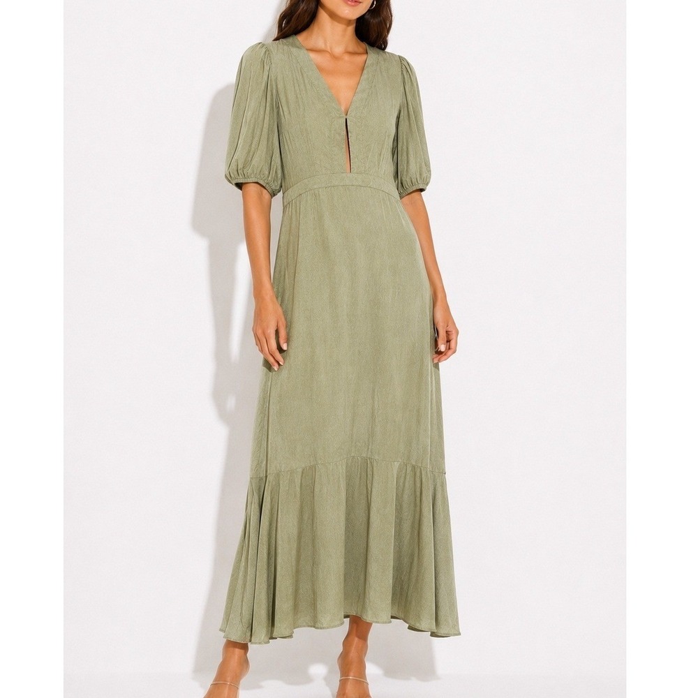 We Are Kindred Sage Green Maxi Dress Women's US 6 Puff‎ Sleeve Keyhole